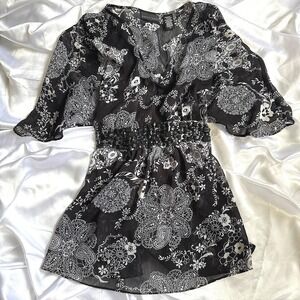 Apostrophe Black White Paisley Floral Beaded Waist Tunic Top Large